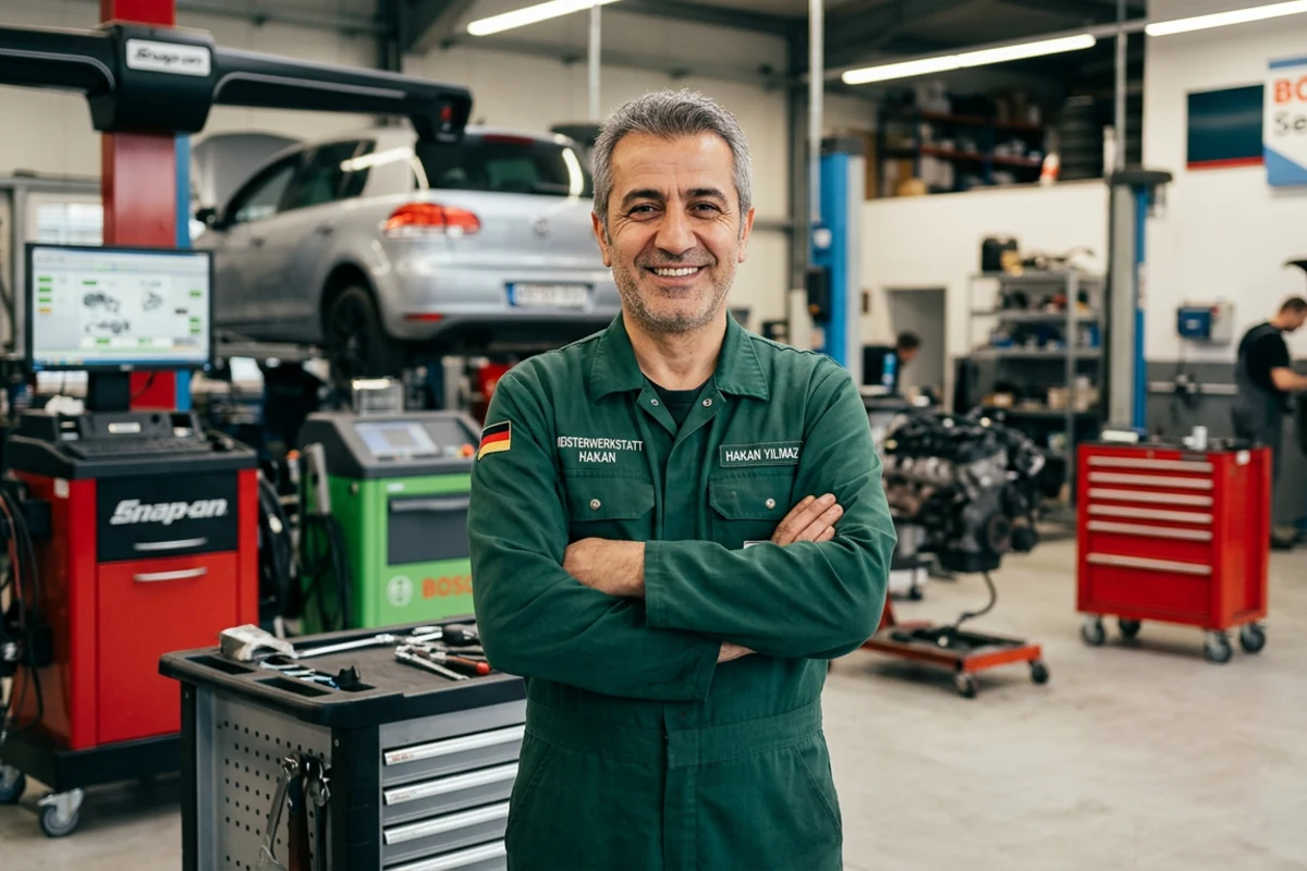 Inhaber Sertac Solmaz in der Autowerkstatt Solmaz Berlin-Lankwitz